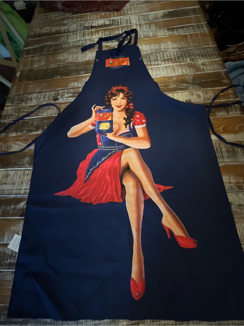 Vintage Pin-Up Navy Apron with Red Accent - Unbranded
